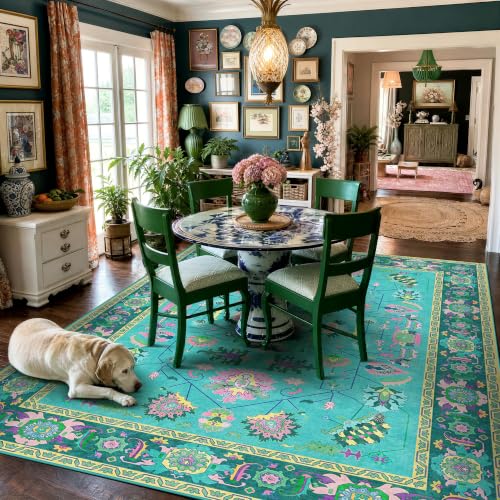 8x10 Vintage Botanical Turquoise Pink Oriental Washable Rug Living Room - color: Turquoise/Teal/Peony Pink/Yellow, size: 8' x 10' (Rectangular)
