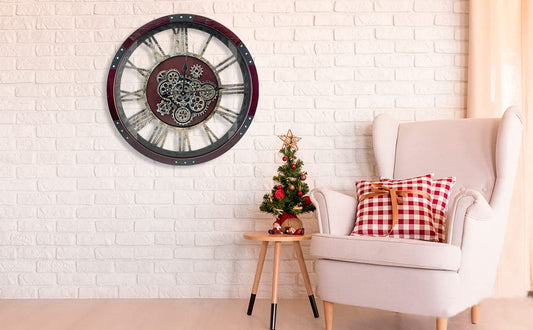 24" Original Moving Gears Wall Clock, Large Industrial Wall Clock for Living Room Decor, Oversized Wood Vintage Farmhouse Steampunk Rustic Clocks for Wall Christmas Decor,Cherry Red - color: Cherry Red, size: 60cm / 24 inch