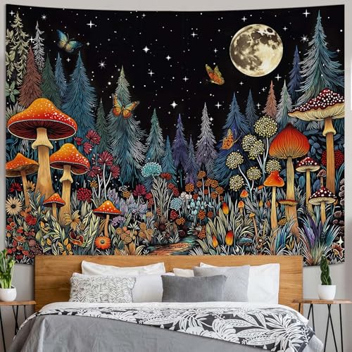 Fungarth Vintage Mushroom Forest Tapestry Butterfly Pine Trees Plant Floral Tapestries Wall Hanging Hippie Moon Night Small Tapestry for Bedroom Living Room Study Classroom Dorm 48 x 36 inch - color: Forest Path, size: 48"L x 36"W