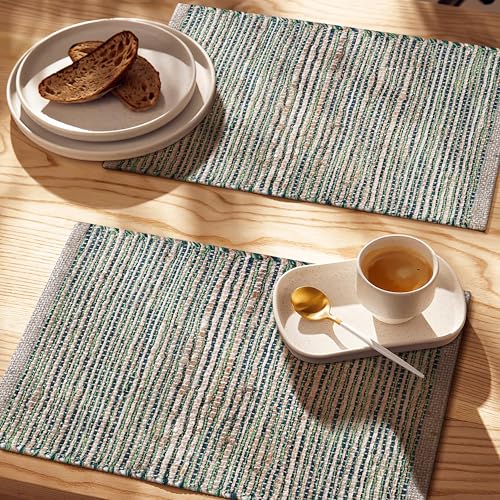 Cotton/Jute Placemats Set of 4-13x19 Inch - Natural - Green - color: Natural - Green
