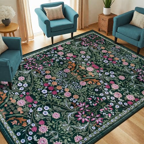 PLHXFR Area Rug Living Room: 5x7 Floral Washable Boho Carpet Dark Green - color: Dark Green, size: 5' x 7' (Rectangular)