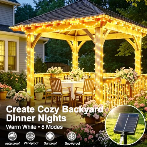 KNONEW 203FT 600LED Solar Fairy String Lights Outdoor Warm White 8 Modes - color: Warm White, size: Solar 200FT 600 LED Copper-colored wire