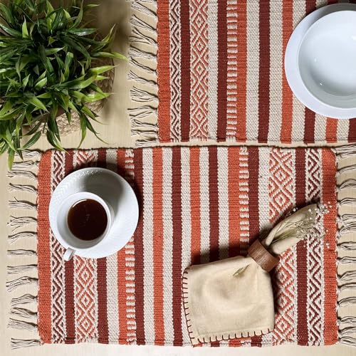 CHARDIN HOME Rust Orange, Ivory Boho Placemats (Set of 4) | Cotton Farmhouse Placemats 13x19 Inches| Machine Washable, Durable and Easy to Combine - color: Rust-orange, size: 13x19 Inch.