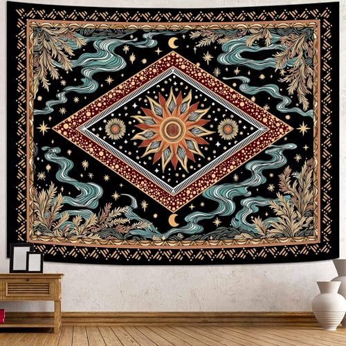 Faxdong Boho Sun Tapestry, Aesthetic Celestial and Fusion Tapesries with Cyan Clouds and Plant,Vintage Mystic Decor for Bedroom, Meditation Living Room or Dorm - color: multicolor2, size: 60"L x 44"W