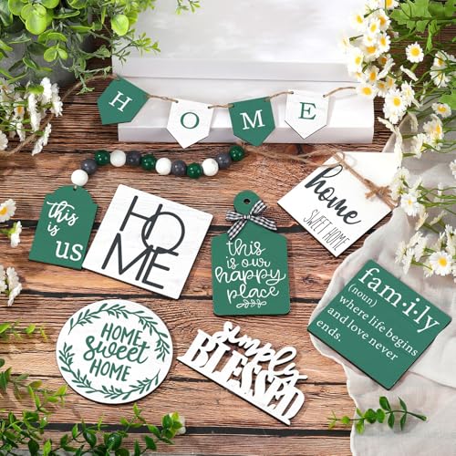 FairySandy 11 Pcs Home Tiered Tray Decor Green Rustic Wooden Signs - style: Green Style