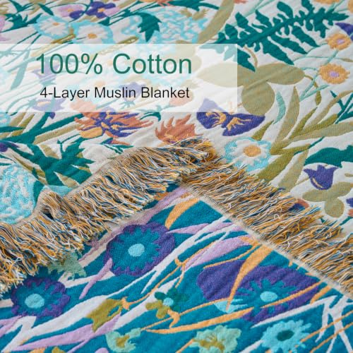 Boho Throw Blanket, 100% Soft Cotton Floral Quilt, Throw 50"x 60" - color: Wildflowers, size: Throw 50"x60"