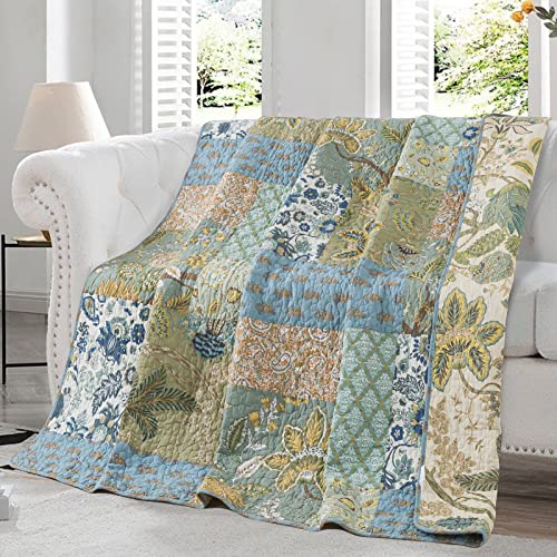 NEWLAKE Cotton Quilted Throw Blanket for Bed Couch Sofa, Reversible Patchwork Matelasse Blanket with Real Stitched Embroidery, Bohemian Floral Pattern, 60X78 Inch - color: Bohemian Floral