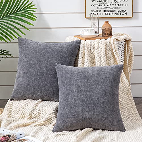 GAWAMAY Decorative Square Throw Pillow Covers 18"x18" Inch Set of 2, Super Soft Chenille Pillows Farmhouse Fall Pillowcase for Living Room Bedroom Sofa Couch Cushion Cover Grey 45x45cm (No Insert) - color: Dark Grey, size: 18" x 18" (Pack of 2)