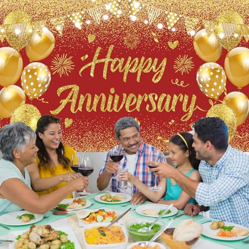 Wedding Anniversary Banner Red Gold Happy Decorations for Women Men Party, Indoor Outdoor Decor Supplies 71 * 43 Inch