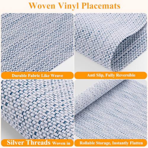 SHACOS Blue White Silver Thread Woven Placemats Set of 6 Vinyl Place Mats - color: Blue White Silver, size: Set of 6