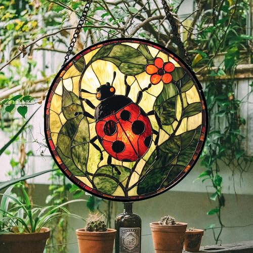 Ladybug Flower Stained Glass Window Hanging Suncatcher Gifts for Women 12" - color: Red and Black, size: 11.8x11.8 IN
