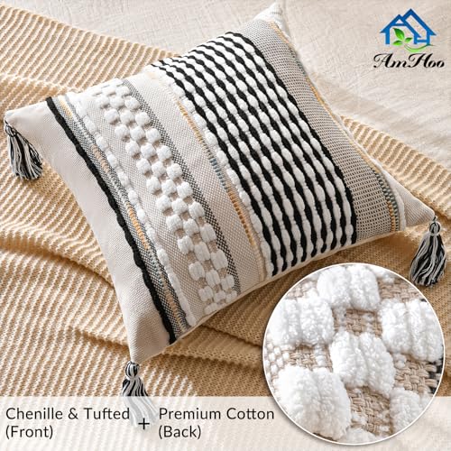 AmHoo Chenille Striped Textured Boho Throw Pillow Covers Aesthetic with Tassels Woven Decorative Pillow Case for Couch Bed Sofa Bedroom Modern Funky 18 x 18-Inch Black - color: Black, size: 18" x 18" (Pack of 1)