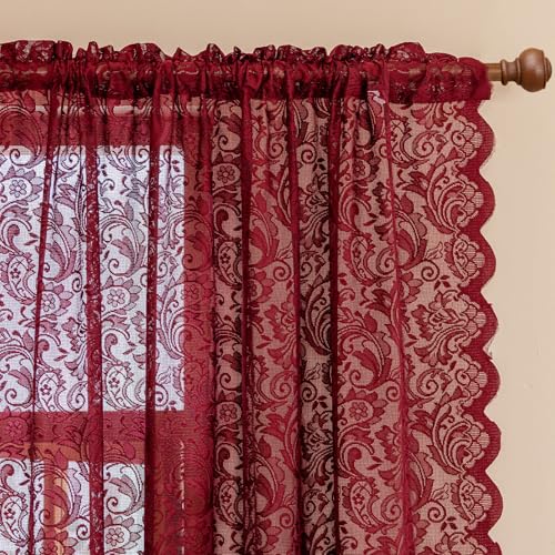 ALIGOGO Burgundy Sheer Curtains 63 Inch Length 2 Panels, Victorian Floral Red Lace Curtains for Bedroom, Embroidered Privacy Rod Pocket Scalloped Burgundy Home Décor, 52W x 63L Inch, Dark Red - color: Burgundy, size: 52"W x 63"L (Pack of 2)