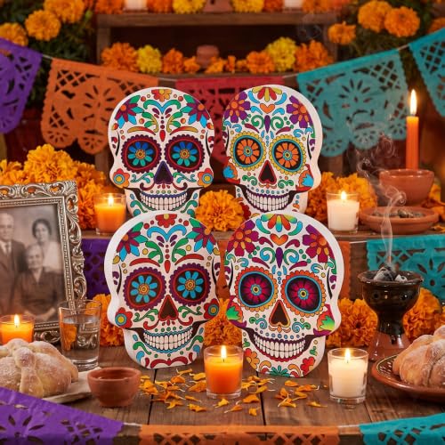 DECSPAS Day of the Dead Decor, 4 PCs Wood Block Sugar Skulls Dia De Los Muertos Decorations, Wooden Skeleton Tiered Tray Decor for Altar, Ofrenda, Home, Table, Mantle, Mexican Fiesta - style: Day of the Dead - Skulls