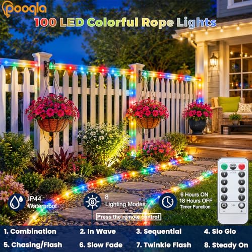 Pooqla Battery String Lights Outdoor, 100LED Colorful Rope Lights 8 Modes - color: Colorful, size: 100LED×1