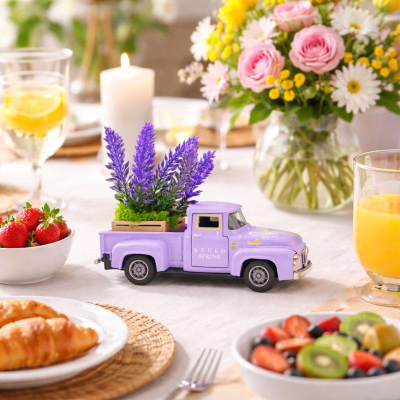 Purple Spring Truck Decor with Lavender Flowers, 5.7 Inch Metal Farm Pickup - color: Purple