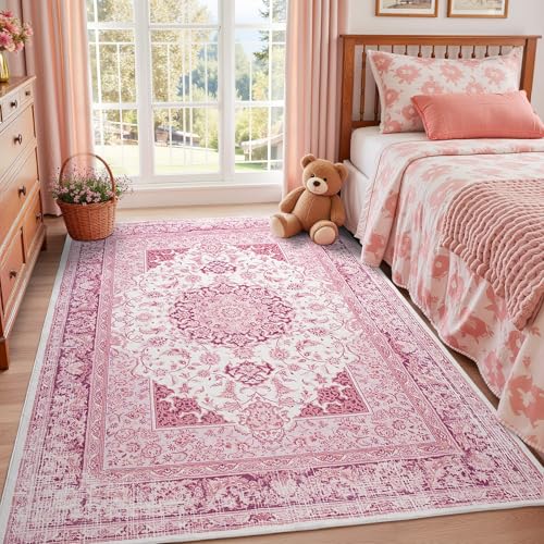 Macgace Washable Vintage Area Rug for Living Room, 6x9 Rugs Bright Pink - color: Pink & White, size: 6' x 9' (Rectangular)