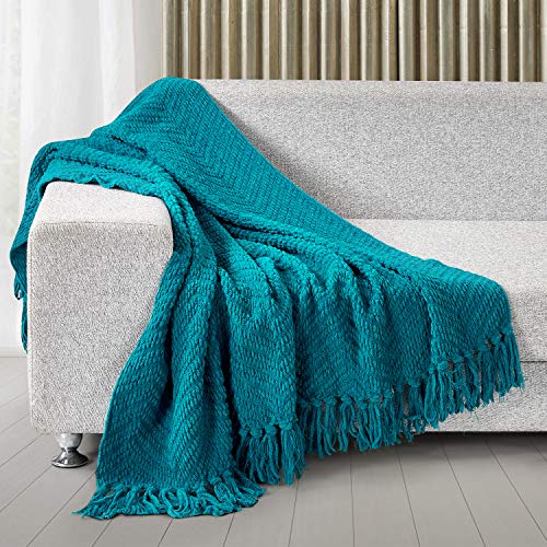 HOMEIDEAS Warm Tassel Knit Blanket Throw Size for Couch Sofa Bed, Teal Green Thick Knitted Armchair Office Chair Throw Blankets, Winter Chunky Blankets(50x60) - color: Teal Green