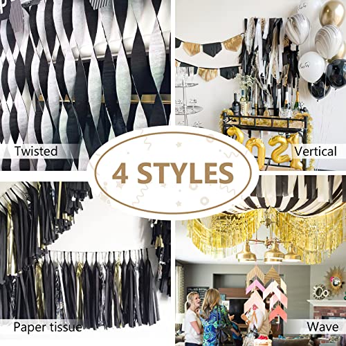 PartyWoo Multicolor Crepe Paper 4pcs 328 FT Multicolor Streamers - color: Black Gold-9634