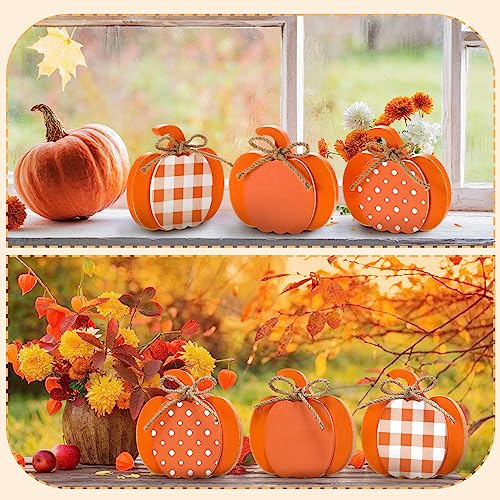 Thyle 3 Pcs Fall Wooden Pumpkin Decor Table Decorations, Orange, White