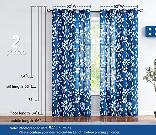 Navy Blue White Leaf Semi Sheer Curtains 63" Bedroom Panels Drapes 2pk - color: Navy, size: 52"W x 63"L (Pack of 2)
