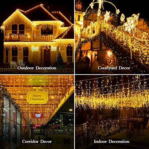 FLVOECN 98FT 960 LED Christmas Lights, Waterproof 8 Modes Ice Lights for Outside with Memory and Timer Hanging Fairy Lights Plug-in Curtain String Lights for Holiday Party Wedding Home (Warm White) - color: Taupe