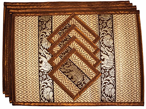 Hand-Woven Wicker Reed Placemats Coaster Set Eco-Friendly Alternative to Plastic Heat Resistant Thai Style Durable Easy to Clean for Dining Table Set of 4 (Medium, Dark Gold) - color: Dark Gold, size: Medium