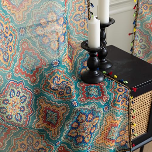 Blue Geometric Sheer Curtains 63 inch Long, Fringed Edges and Textured Semi Sheer Curtains Large Window Treatments for Living Room/Bedroom, 2 Panels - color: Blue Geometry, size: 52"W x 63"L (Pack of 2)
