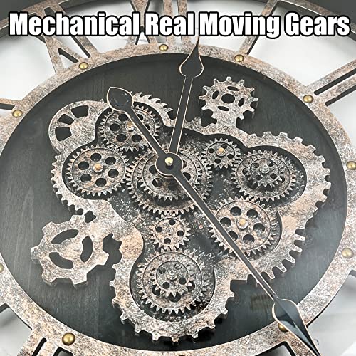 24" Large Wall Clock with Moving Gears,Oversize Vintage Industrial Rustic Farmhouse Clocks for Living Room Decor Office Home,Solid Wood HD Tempered Glass Cover,Vintage Black - color: Vintage Black, size: 60cm / 24 inch