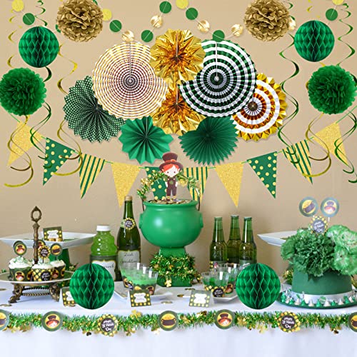 24 Pcs Green Gold Party Decorations, Paper Fans Banner and Swirls - color: Green