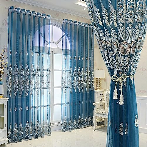 Amidoudou 1 Pair European Jacquard Sheer Curtains Embroidered Tulle Curtains Living Room Bedroom Luxury Translucent Curtains (Blue,51x96 Inch) - color: Blue, size: 51"W x 96"L (Pack of 2)