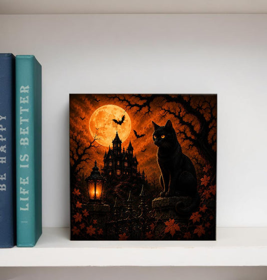 Gothic Halloween Black Cat Wooden Box Decorative Sign 5x5 Inch - color: G