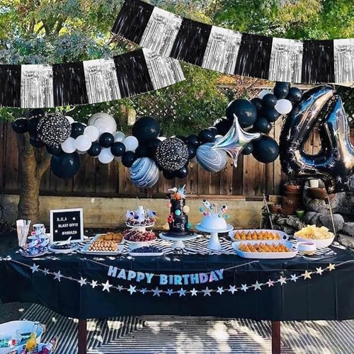 BEISHIDA Black Silver Fringe Garland Banner 30ft Wall Tinsel Foil Streamers - color: Black Silver