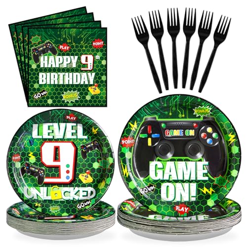 96 Pcs Video Game 9th Birthday Party Decorations for Boy, Serves 24 - style: Green Video Game 9th Kit