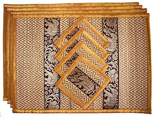 Hand-Woven Wicker Reed Placemats Coaster Set Eco-Friendly Alternative to Plastic Heat Resistant Thai Style Durable Easy to Clean for Dining Table Set of 4 (Medium, Light Gold) - color: Light Gold, size: Medium