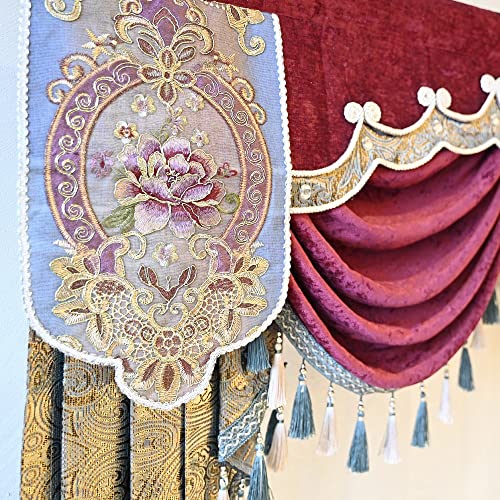 Luxury Burgundy Waterfall Valance Curtain, Floral Embroidered Swag Valance - size: 59"W x 47"L (Pack of 1)