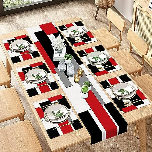 ArtSocket Table Runner and Placemats Set of 6, Geometric Abstract - color: Geometric Red