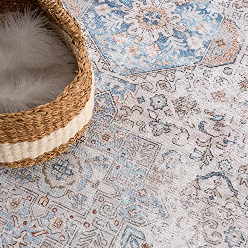 Bloom Rugs Caria Washable Non-Slip 7 ft Runner - Beige/Ocean Blue Traditional Runner for Entryway, Hallway, Bathroom, and Kitchen - Exact Size: 2'6" x 7' - color: Beige / Ocean Blue, size: 2'6" x 7' (Runner)