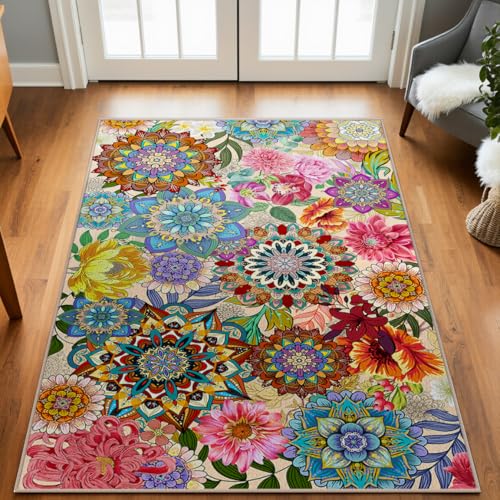 3'x5' Boho Floral Area Rugs for Entryway Kitchen Living Room Bedroom, Non-Slip Machine Washable Colorful Flower Entry Rugs Carpet Door Mat Indoor Entrance Aesthentic - color: Boho Floral, size: 3' x 5'
