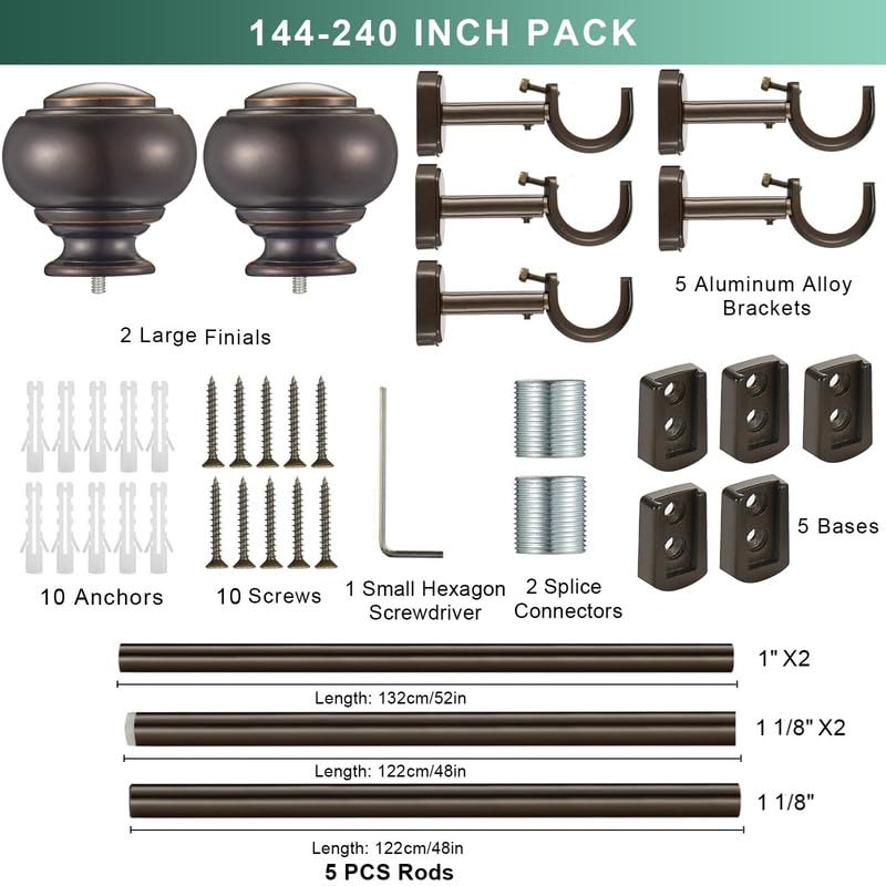 1 1/8 Inch Heavy Duty Curtain Rods, Extra Long Curtain Rod for Window 144-240 Inch(12-20ft), Telescoping Drapery Rods with Classic Finials and Adjustable Aluminum Alloy Brackets, Antique Brown - color: Antique Brown, size: 144-240"