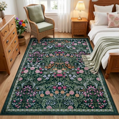 PLHXFR Area Rug Living Room: 3x5 Floral Washable Boho Carpet Dark Green - color: Dark Green, size: 3' x 5' (Rectangular)
