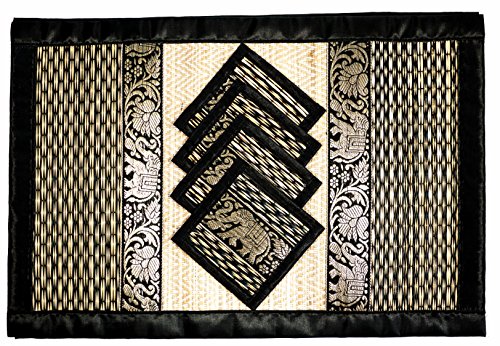 Hand-Woven Wicker Reed Placemats Coaster Set Alternative to Plastic Heat Resistant + Thai Style Durable Placemats, Available in 3 Different Sizes for Dining Table Set of 4 - color: Black-striped, size: Large