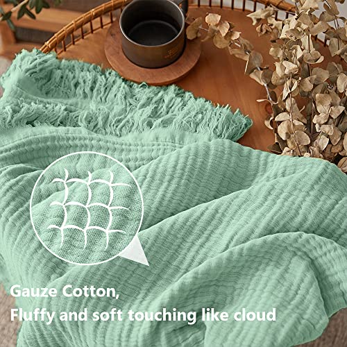Simple&Opulence Cotton Muslin Throw Blanket for Bed, Couch, Knit Woven Gauze Blanket with Tassels, Soft Lightweight Cozy Pre-Washed Breathable Farmhouse Decoration for All-Season (Mint Green) - color: Mint Green