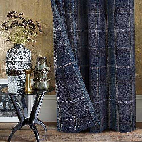 always4u Woolen Look Plaid Curtains Modern Window Panels Navy Blue Check Tartan Curtains for Living Room Bedroom 2 Panels Navy Blue 45 * 95 Inches - color: Navy Blue, size: 45"W x 95"L (Pack of 2)