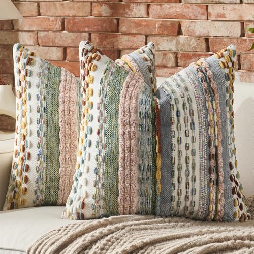 AmHoo Set of 2 Chenille Tufted Striped Textured Boho Throw Pillow Covers Aesthetic Woven Decorative Pillow Case for Couch Bed Sofa Bedroom Modern Funky 18 x 18-Inch Multicolor - color: Multicolor, size: 18" x 18" (Pack of 2)
