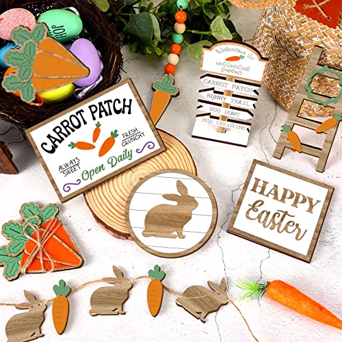 Jetec 12 Pcs Easter Tiered Tray Decor Wooden Carrot Patch Bunny Egg Tiered Tray Items Happy Easter Signs for Spring Home Farmhouse Rustic Kitchen Decorations (Wooden Bunny) - style: Wooden Bunny