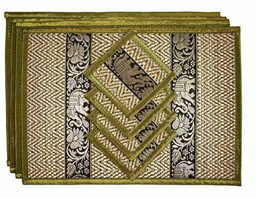 Hand-Woven Wicker Reed Placemats Coaster Set Eco-Friendly Alternative to Plastic Heat Resistant Thai Style Durable Easy to Clean for Dining Table Set of 4 (Medium, Olive Green) - color: Olive Green, size: Medium