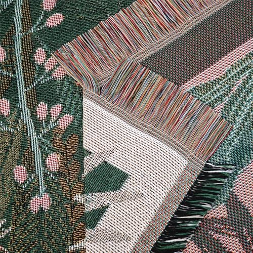JQZ Tropical Botanical Throw Blanket, Woven Tapestry with Fringe, Colorful Jungle Foliage Design, Green Pink Orange