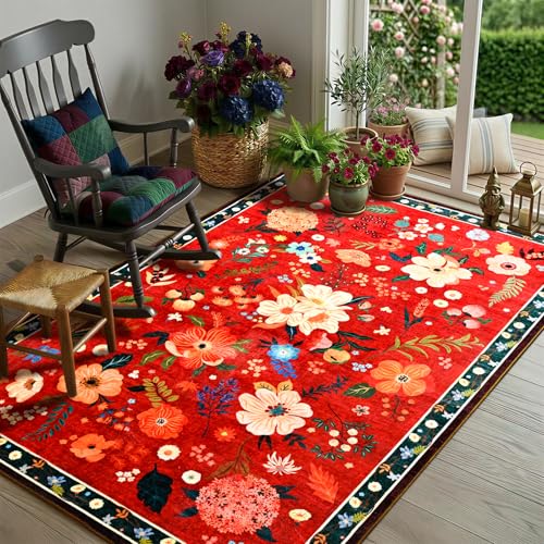 Terrug Floral Washable Area Rug for Bedroom, 3x5 Red Christmas Rug Boho Ultra-Thin Rugs for Entryway, Soft Non Slip Carpet Vintage Rug for Living Room, Kitchen, College Dorm, Dining Room, Nursery - color: Red, size: 3' x 5' (Rectangular)