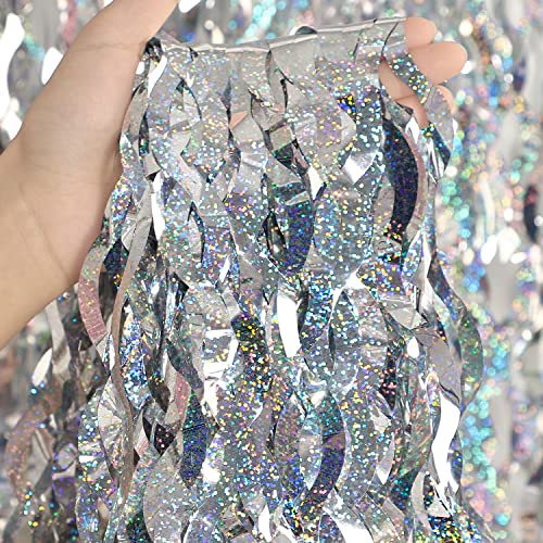 Silver Tinsel Backdrop- CYLMFC 3 Pack 3.3 ft x 6.6 ft Streamer Foil Fringe Curtain for Birthday Party Christmas Graduation Decor - color: Laser Silver